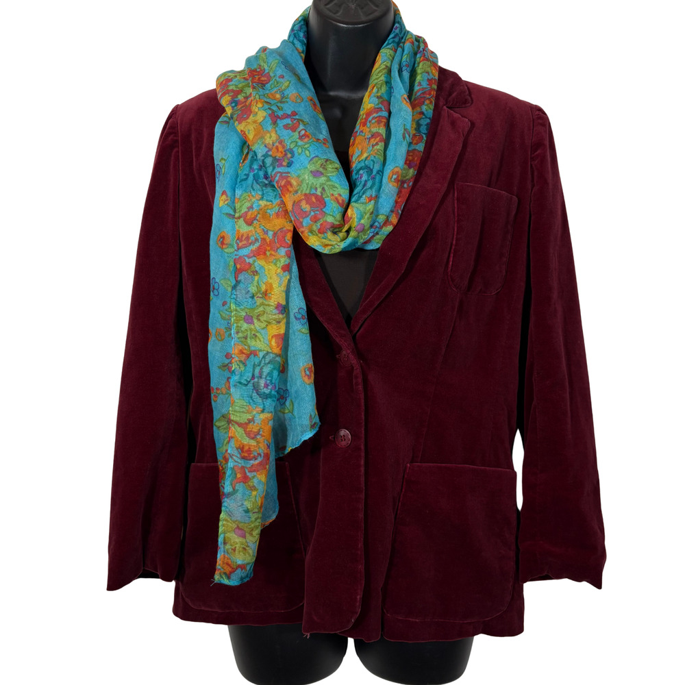 Teal Blue Scarf Colorful Floral Print Large Rectangle Woven Semi-sheer Vintage